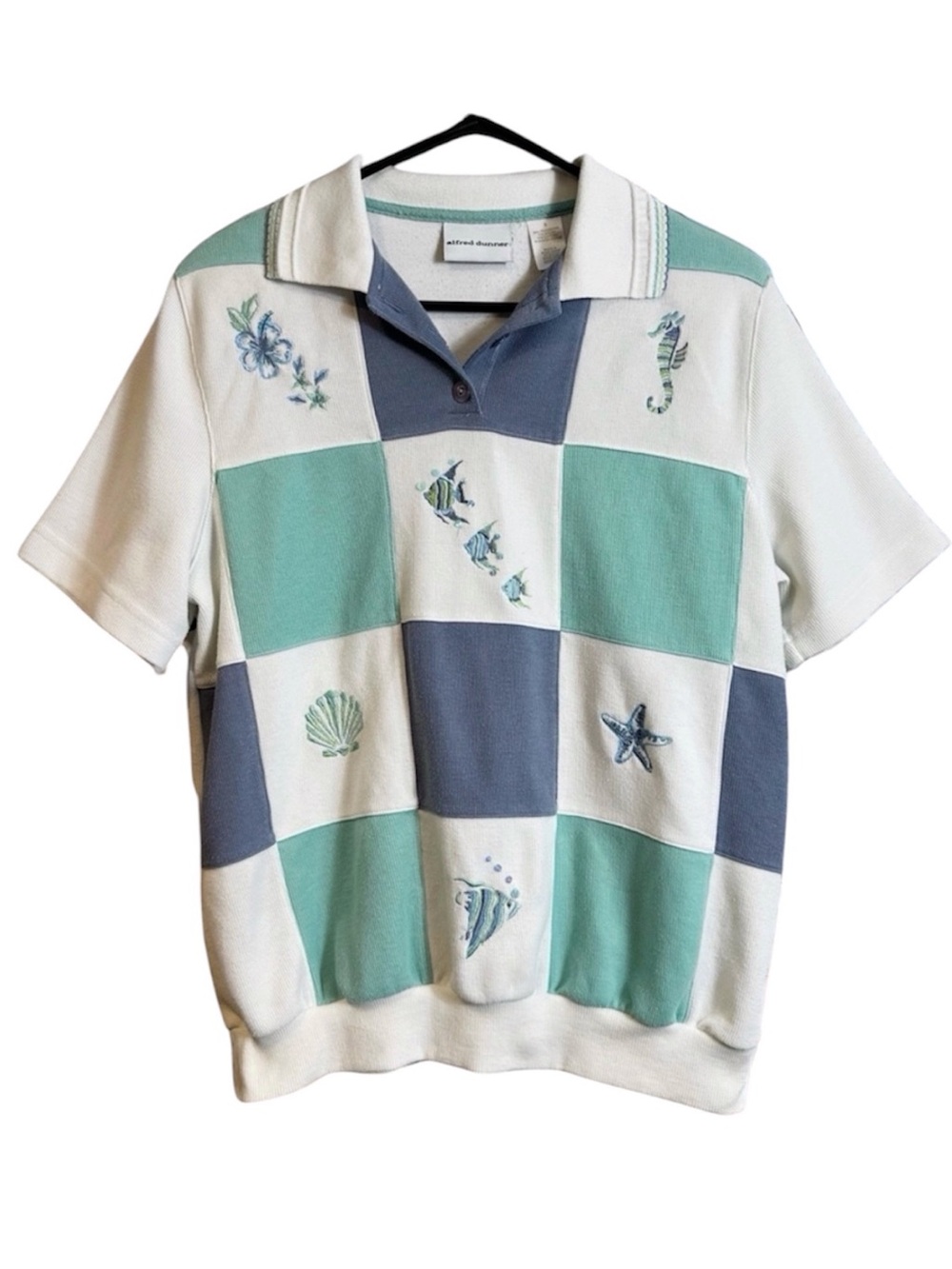 Vintage Alfred Dunner Nautical Tropical Hibiscus Fish Seahorse Embroidered Top